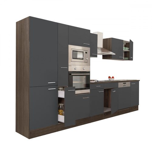 Mobila de bucatarie Yorki 370, corp stejar Yorki, fata antracit satinat, cu dulap cu raft