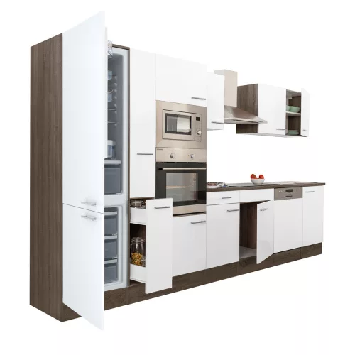 Mobila de bucatarie Yorki 370, corp din stejar Yorki, fata alb satinat, frigider cu congelator in partea de jos