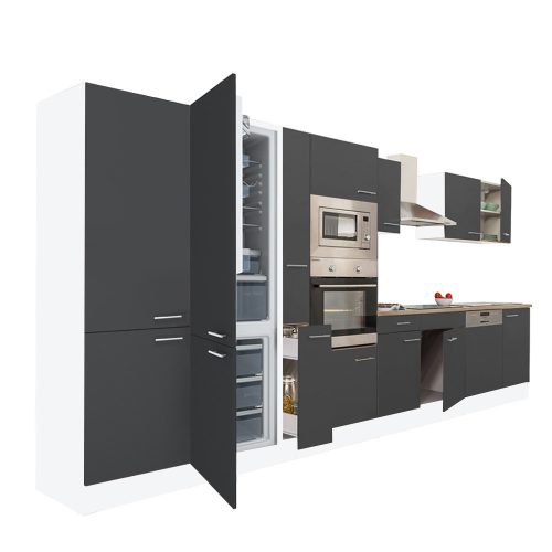 Mobila de bucatarie Yorki 430, corp alb, fata antracit satinat, frigider cu congelator inferior