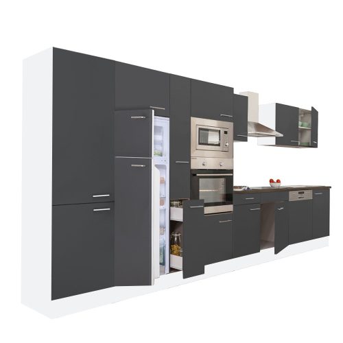 Mobila de bucatarie Yorki 430, corp alb, fata antracit satinat, frigider cu congelator superior