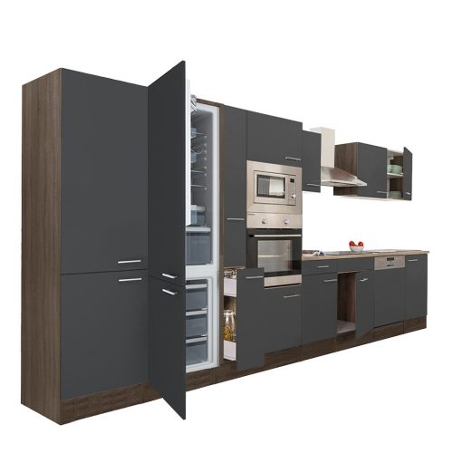 Mobila de bucatarie Yorki 430, corp din stejar Yorki, fata antracit satinat, frigider cu congelator in partea de jos