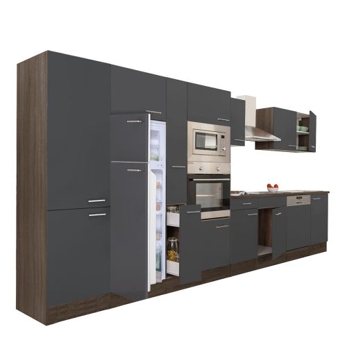 Mobila de bucatarie Yorki 430, corp din stejar Yorki, fata antracit satinat, frigider cu congelator superior