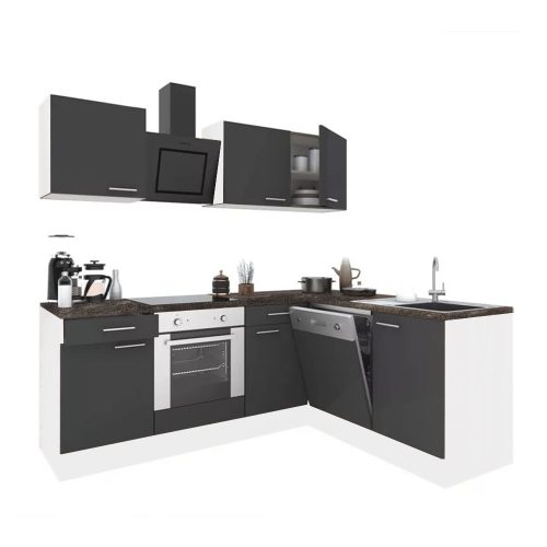 Dulap de bucatarie de colt Yorki 220, corp alb, fata antracit satinat, element inferior cuptor