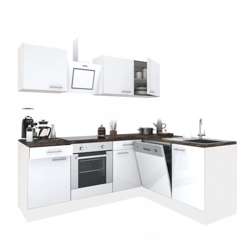 Dulap de bucatarie de colt Yorki 220, corp alb, fata alb satinat, element inferior cuptor