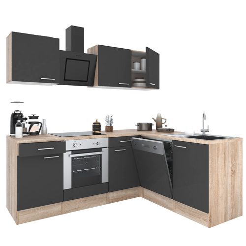 Mobila de bucatarie de colt Yorki 220, corp din stejar sonoma, fata antracit satinat, element inferior cuptor