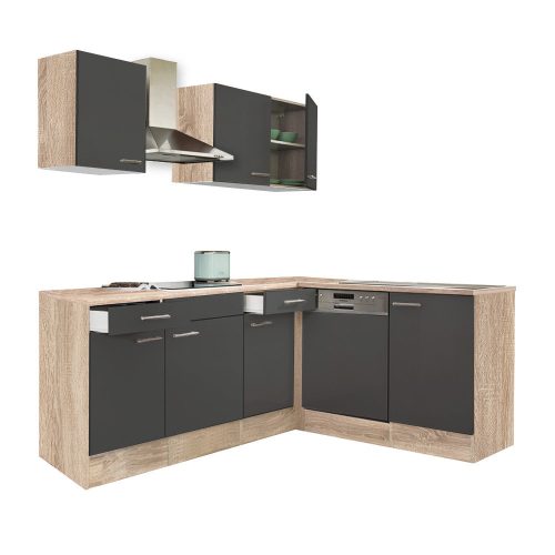 Mobila de bucatarie de colt Yorki 220, corp din stejar sonoma, cu fata antracit satinat