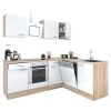 Mobila de bucatarie de colt Yorki 220, corp din stejar Sonoma, fata alb satinat cu element inferior al cuptorului