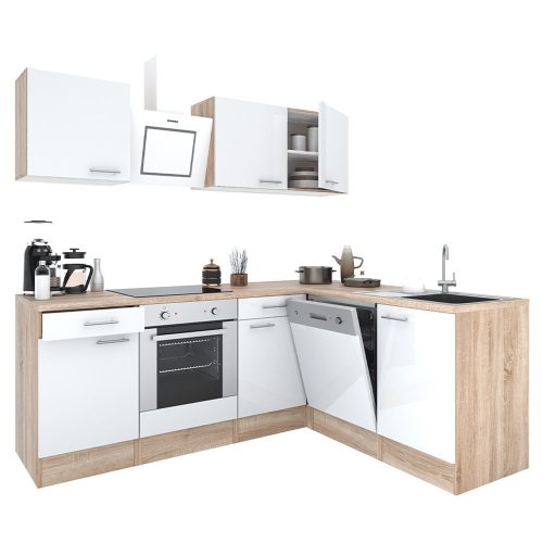 Mobila de bucatarie de colt Yorki 220, corp din stejar Sonoma, fata alb satinat cu element inferior al cuptorului