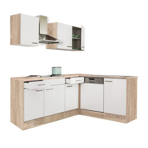 Mobila de bucatarie de colt Yorki 220, corp din stejar Sonoma, cu fata alb satinat