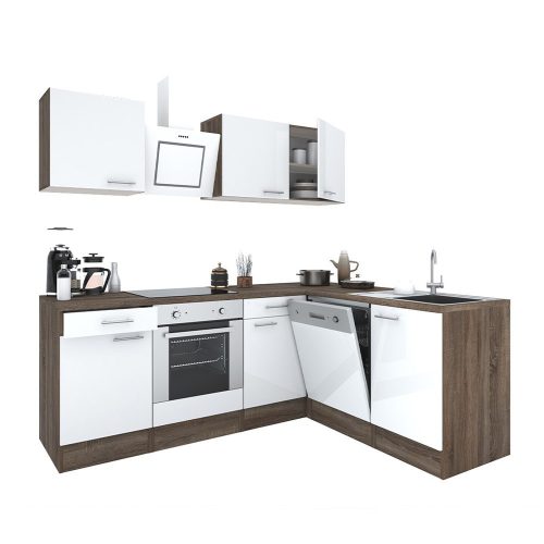 Mobila de bucatarie de colt Yorki 220, corp din stejar Yorki, fata alb satinat cu element inferior al cuptorului