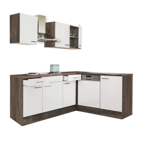 Mobila de bucatarie de colt Yorki 220, corp din stejar Yorki, cu fata alb satinat