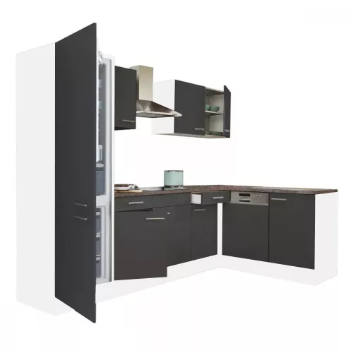 Dulap de bucatarie de colt Yorki 280, corp alb, fata antracit satinat, cu frigider sub blat