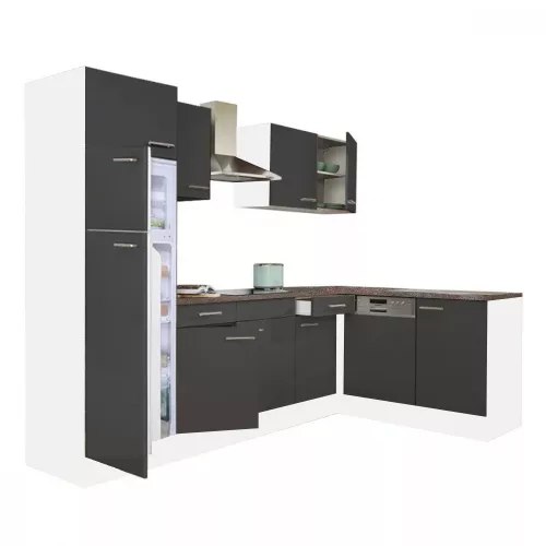 Dulap de bucatarie de colt Yorki 280 cu corp alb, fata antracit satinat si frigider cu congelator superior