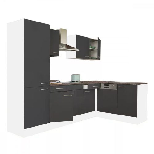 Mobila de bucatarie de colt Yorki 280, corp alb, fata antracit satinat, cu dulap cu raft