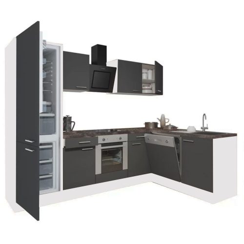 Mobila de bucatarie de colt Yorki 280, corp alb, fata antracit satinat, element inferior cuptor, frigider inferior cu dedurizator