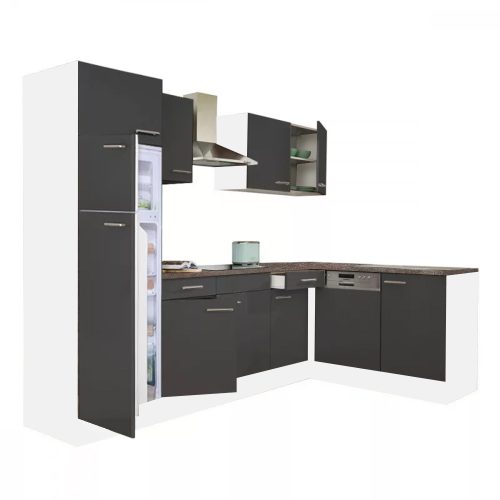 Dulap de bucatarie de colt Yorki 280, corp alb, fata antracit satinat, element cuptor inferior, frigider congelator superior
