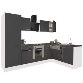 Mobila de bucatarie de colt Yorki 280, corp alb, fata antracit satinat cu element inferior cuptor, dulap cu rafturi