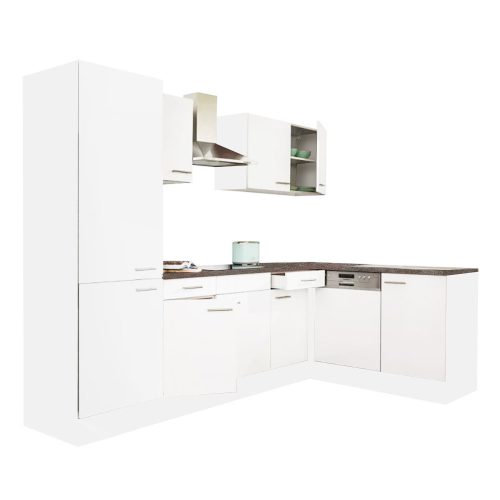 Mobila de bucatarie de colt Yorki 280, corp alb, fata alb satinat, cu dulap cu raft