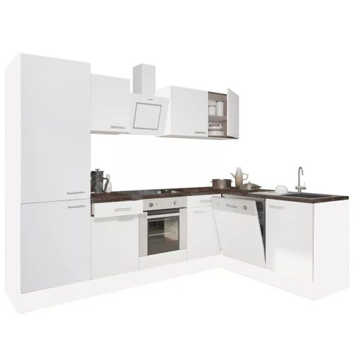 Mobila de bucatarie de colt Yorki 280, corp alb, fata alb satinat, element inferior cuptor, dulap cu raft