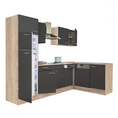 Mobila de bucatarie de colt Yorki 280, corp din stejar sonoma, fata antracit satinat, frigider cu congelator superior