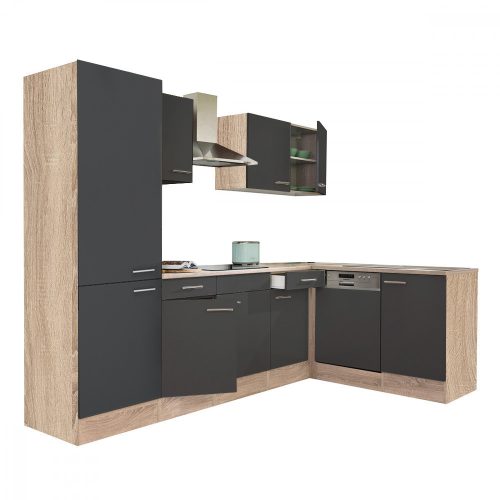 Mobila de bucatarie de colt Yorki 280, corp din stejar sonoma, fata antracit satinat, cu dulap cu raft