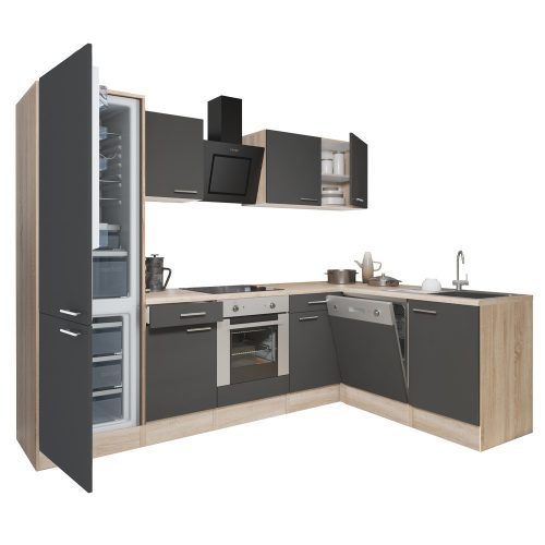 Mobila de bucatarie de colt Yorki 280, corp din stejar sonoma, fata antracit satinat cu element cuptor inferior, frigider cu dedurizator de caldura inferior