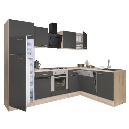 Mobila de bucatarie de colt Yorki 280, corp din stejar sonoma, fata antracit satinat, element cuptor inferior, frigider congelator superior