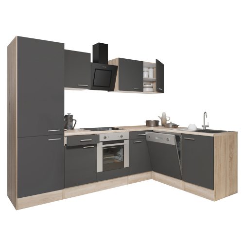 Mobila de bucatarie de colt Yorki 280, corp din stejar sonoma, fata antracit satinat, element cuptor inferior, dulap cu raft