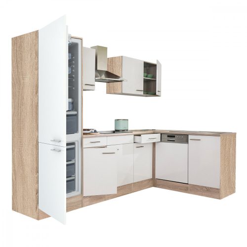 Mobila de bucatarie de colt Yorki 280, corp din stejar Sonoma, fata alb satinat, frigider sub blat