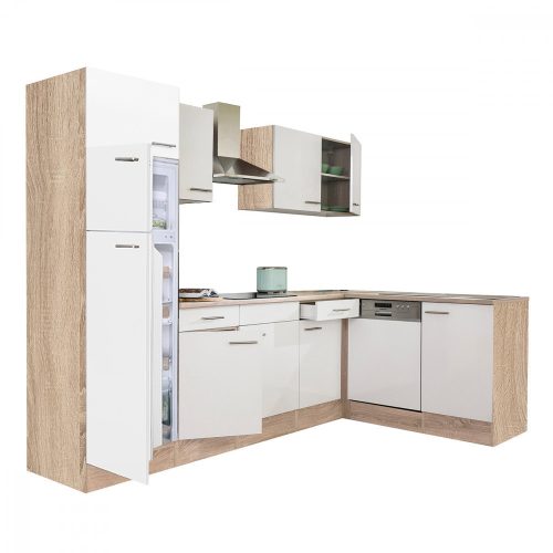 Dulap de bucatarie de colt Yorki 280, corp din stejar Sonoma, fata alb satinat, frigider cu congelator superior