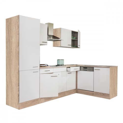 Mobila de bucatarie de colt Yorki 280, corp din stejar Sonoma, fata alb satinat, cu dulap cu raft