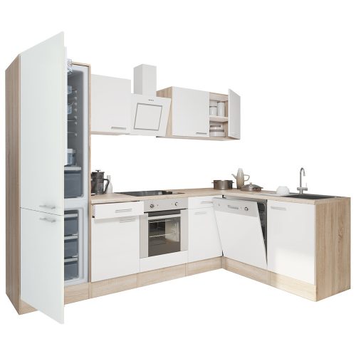 Mobila de bucatarie de colt Yorki 280, corp din stejar sonoma, fata alb satinat, element inferior cuptor, dulap frigider cu dedurizator de gatit inferior