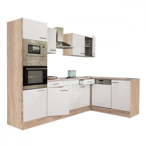 Mobila de bucatarie Yorki 280 cu corp din stejar Sonoma si fata alb satinat