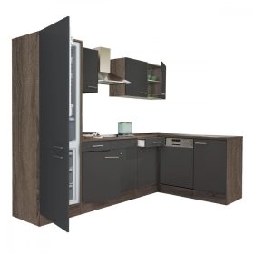 Mobila de bucatarie de colt Yorki 280, corp din stejar Yorki, fata antracit satinat, cu frigider sub blat