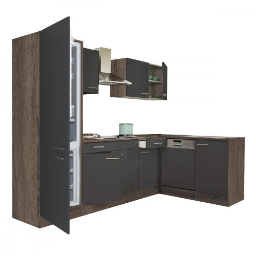 Mobila de bucatarie de colt Yorki 280, corp din stejar Yorki, fata antracit satinat, cu frigider sub blat