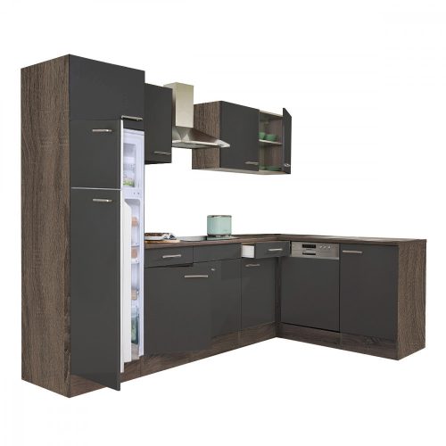Mobila de bucatarie de colt Yorki 280, corp din stejar Yorki, fata antracit satinat, frigider cu congelator superior