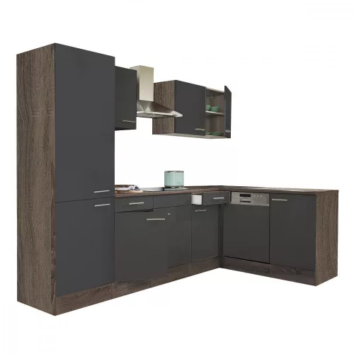 Mobila de bucatarie de colt Yorki 280, corp stejar Yorki, fata antracit satinat, cu dulap cu raft