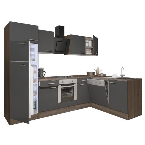 Mobila de bucatarie de colt Yorki 280, corp din stejar Yorki, fata antracit satinat cu element cuptor inferior si frigider congelator superior