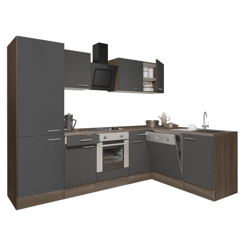 Mobila de bucatarie de colt Yorki 280, corp stejar Yorki, fata antracit satinat cu element cuptor inferior, dulap cu raft