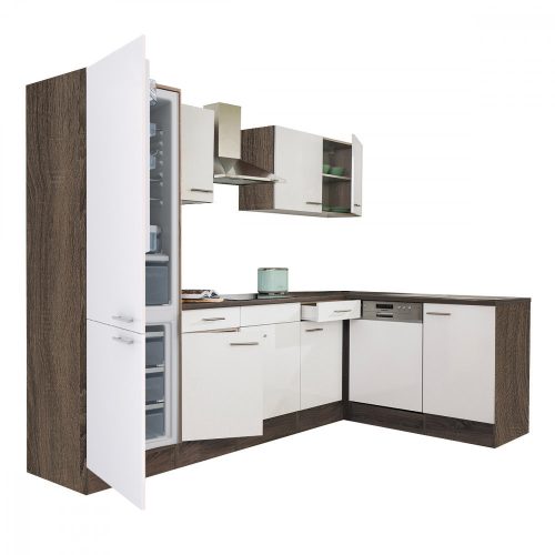 Mobila de bucatarie de colt Yorki 280, corp din stejar Yorki, fata alb satinat, frigider sub blat