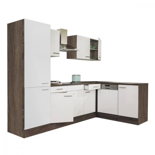 Mobila de bucatarie de colt Yorki 280, corp stejar Yorki, fata alb satinat, dulap cu raft