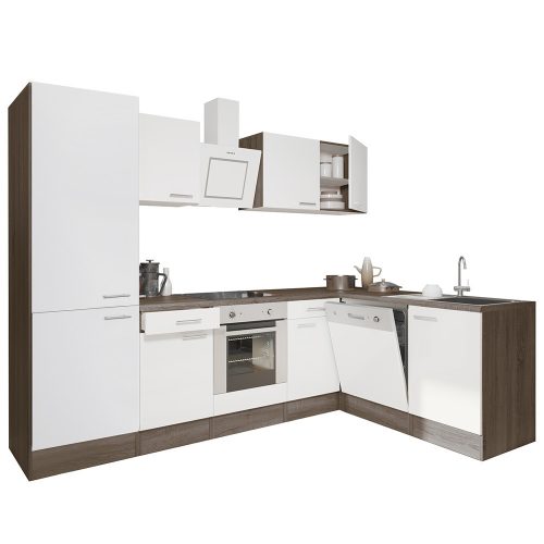 Mobila de bucatarie de colt Yorki 280, corp din stejar Yorki, fata alb satinat cu element inferior al cuptorului, dulap cu raft