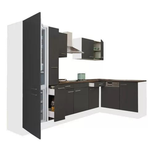 Mobila de bucatarie de colt Yorki 310, corp alb, fata antracit satinat, cu frigider sub blat
