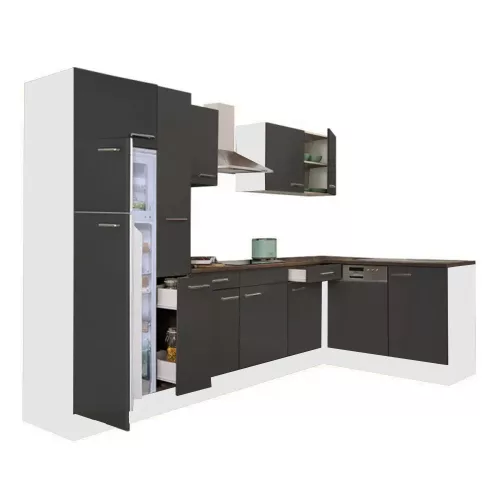 Dulap de bucatarie de colt Yorki 310 cu corp alb, fata antracit satinat si frigider cu congelator superior