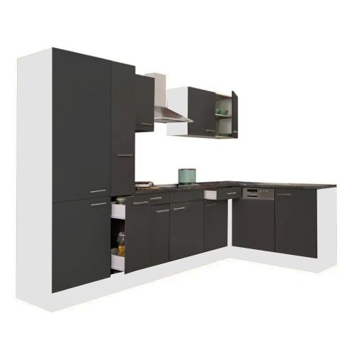 Mobila de bucatarie de colt Yorki 310, corp alb, fata antracit satinat, cu dulap cu raft