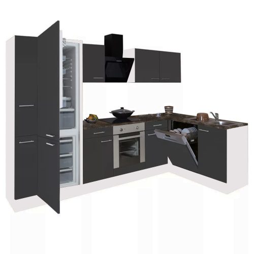 Mobila de bucatarie de colt Yorki 310, corp alb, fata antracit satinat, element inferior cuptor, dulap inferior frigider