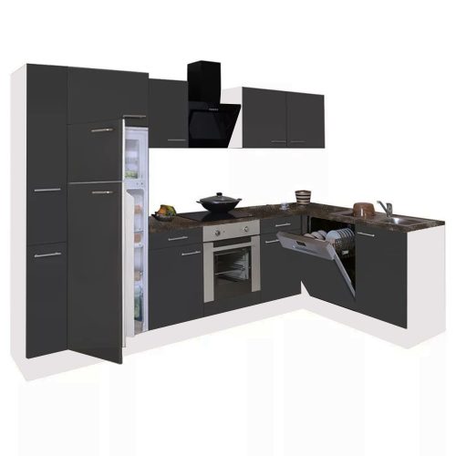 Dulap de bucatarie de colt Yorki 310, corp alb, fata antracit satinat, element cuptor inferior, frigider congelator superior