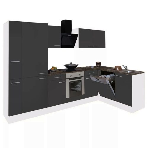 Mobila de bucatarie de colt Yorki 310, corp alb, fata antracit satinat cu element cuptor inferior, dulap cu raft