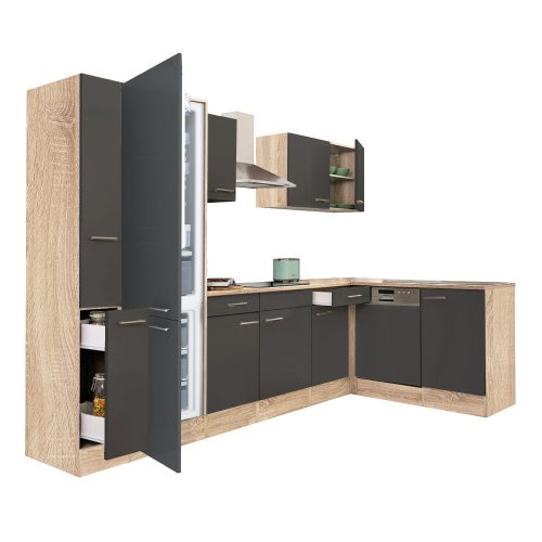 Mobila de bucatarie de colt Yorki 310, corp din stejar sonoma, fata antracit satinat, cu frigider sub blat