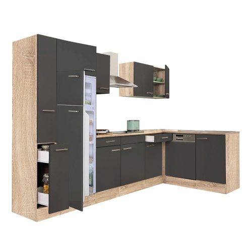 Dulap de bucatarie de colt Yorki 310, corp din stejar sonoma, fata antracit satinat, frigider cu congelator superior